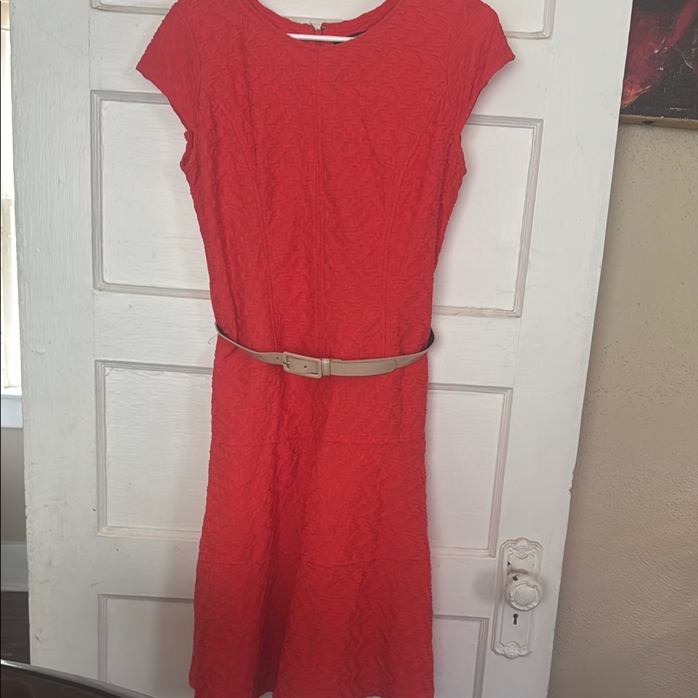 Sharagano Red Sheath Midi Dress with Flutter Cap Sleeves